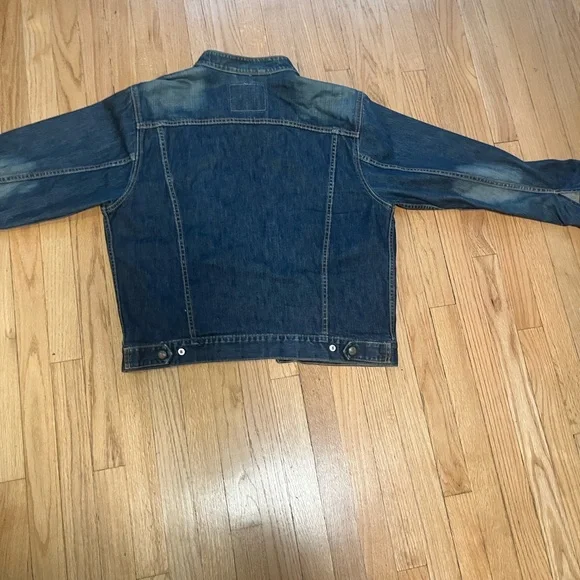 Levi's Classic Blue Denim Collarless Jacket with Tan Stitching - Picture 11 of 13